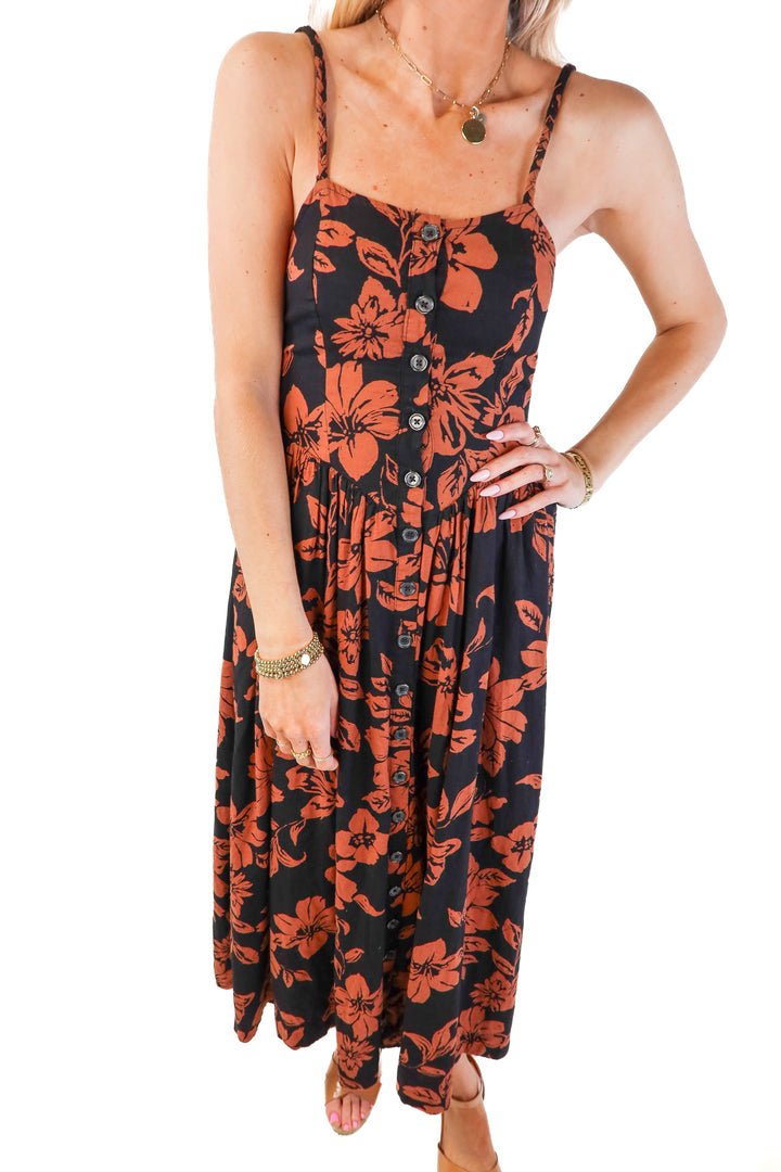 Free people black/brown floral midi dress (xs; retail $178)