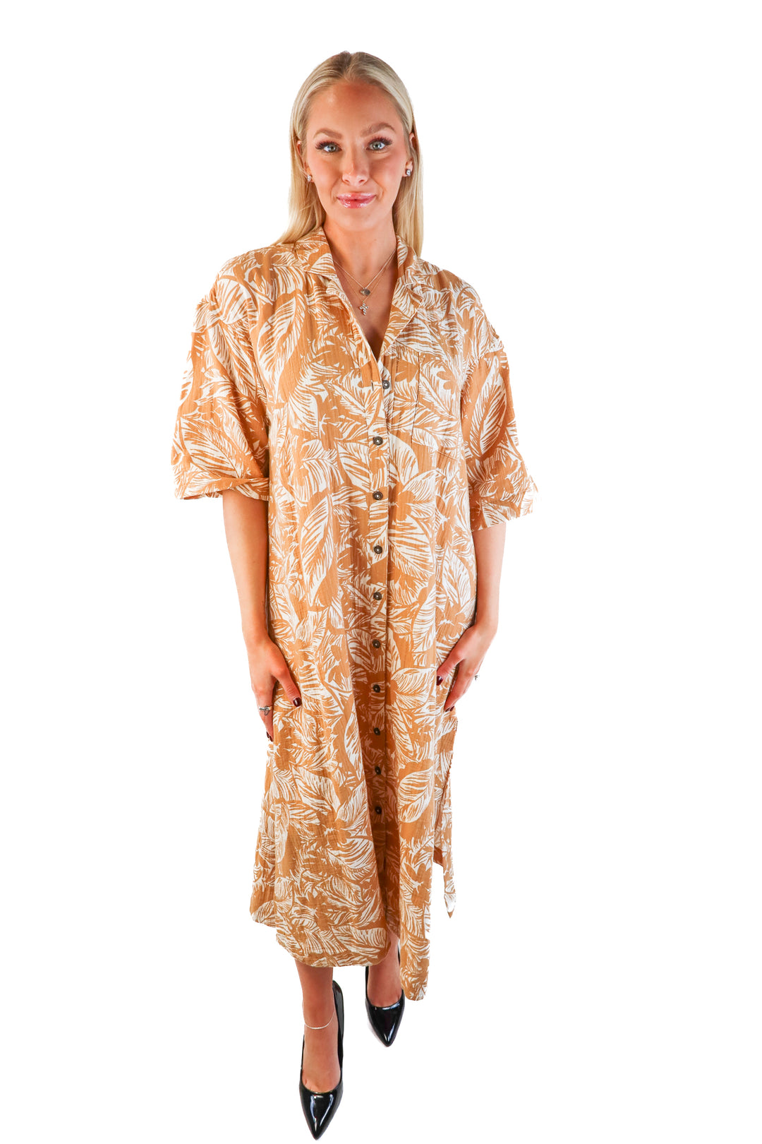 Madewell brown palm leaf button up maxi dress (xs; retail $158)