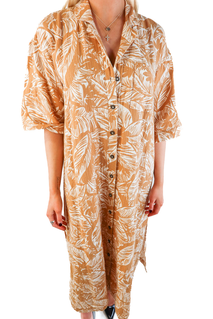 Madewell brown palm leaf button up maxi dress (xs; retail $158)