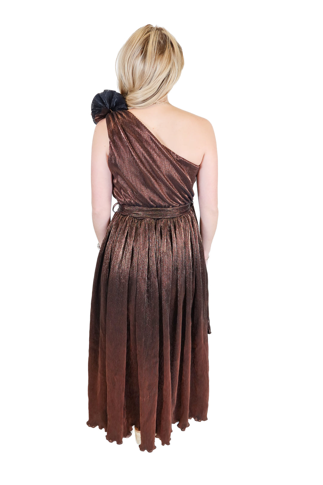 SLAY Mable Brown Metallic Plisse Maxi Dress (XS)
