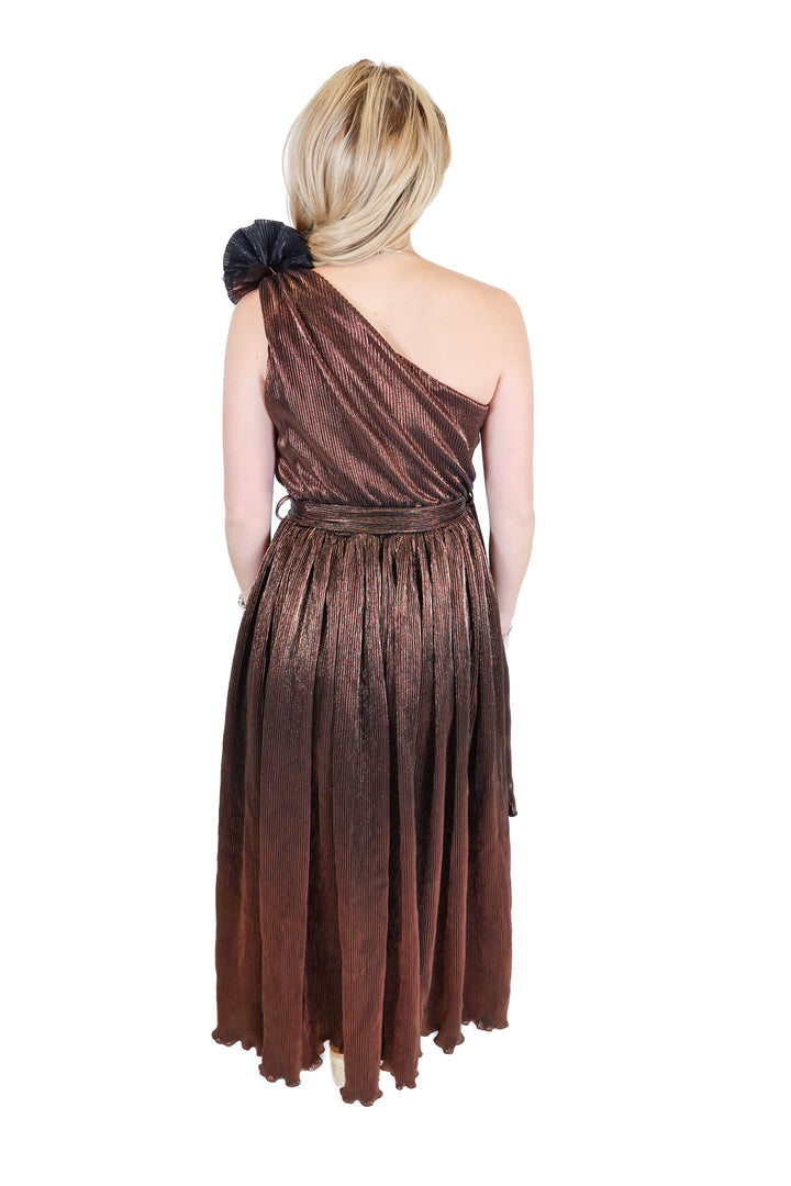 SLAY Mable Brown Metallic Plisse Maxi Dress (XS)