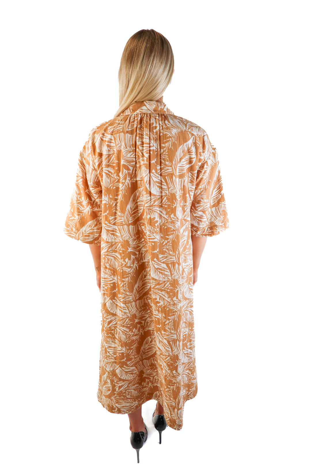 Madewell brown palm leaf button up maxi dress (xs; retail $158)