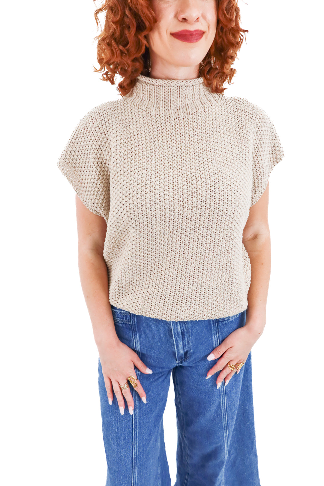 she + sky tan sleveless crochet sweater (m)
