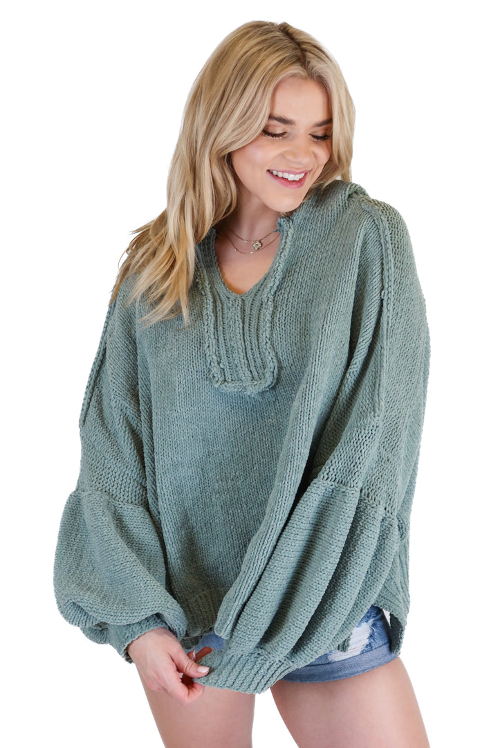 Pol Sage Green Knit Hooded Sweater (M)