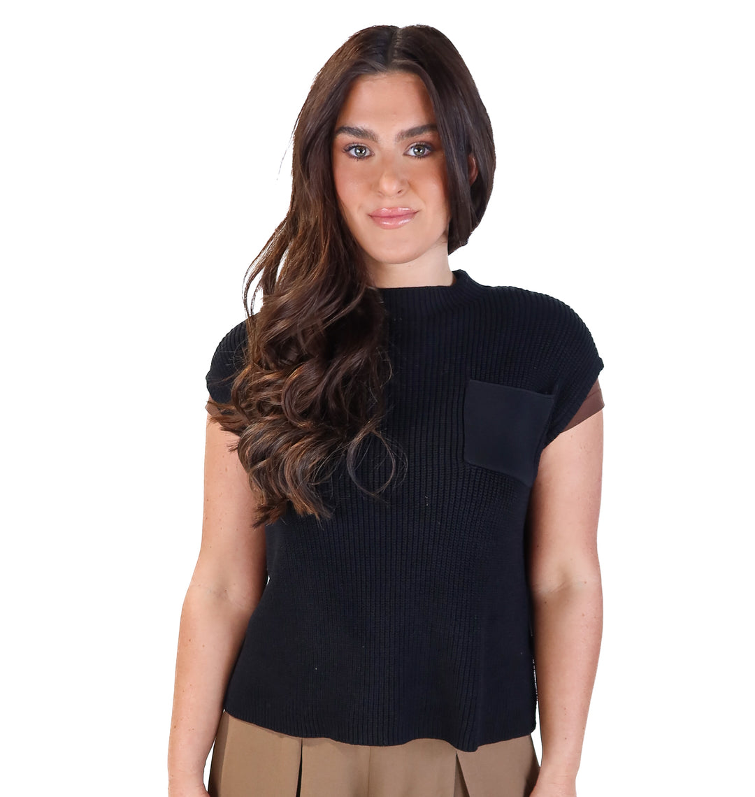 black knit cap sleeve pocket top (s)