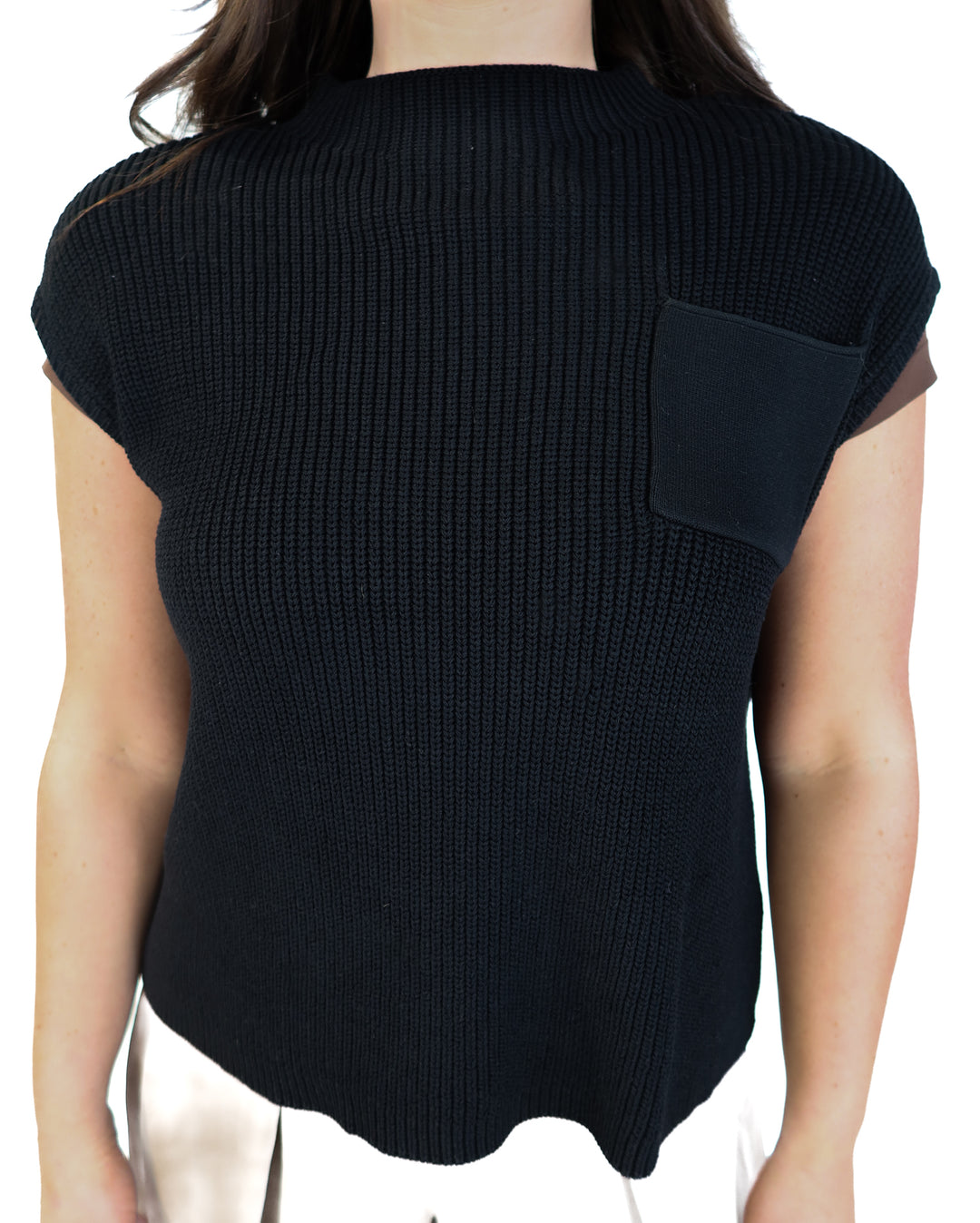 black knit cap sleeve pocket top (s)