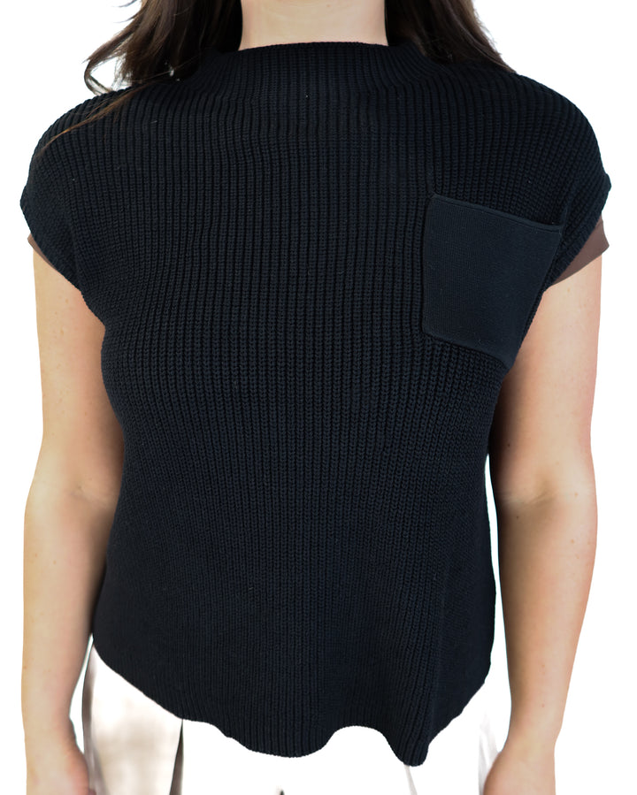 black knit cap sleeve pocket top (s)