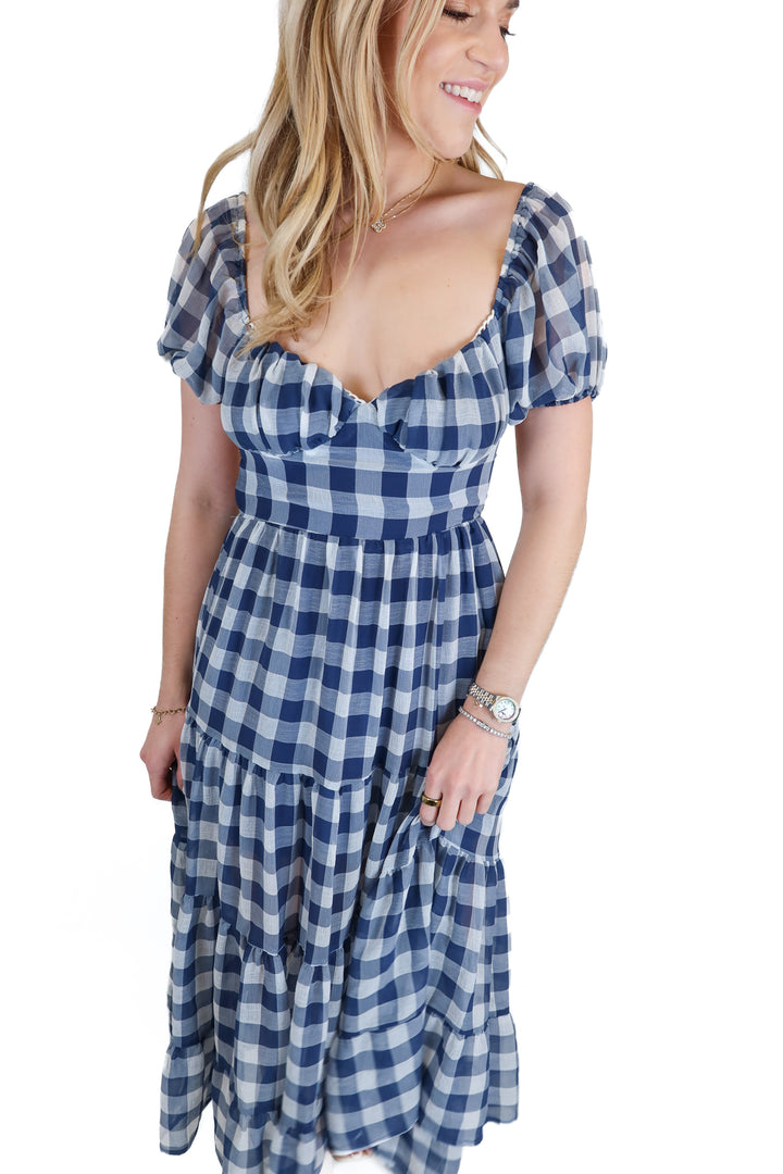 Mable Navy and White Gingham Maxi Dress (S)