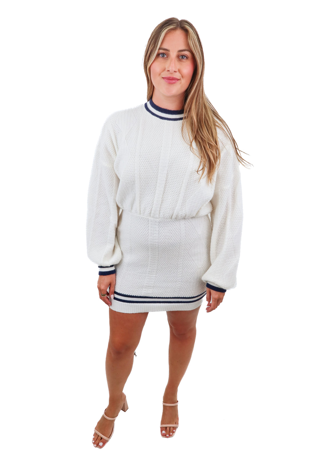 fashion nova white/navy knit dress (L)