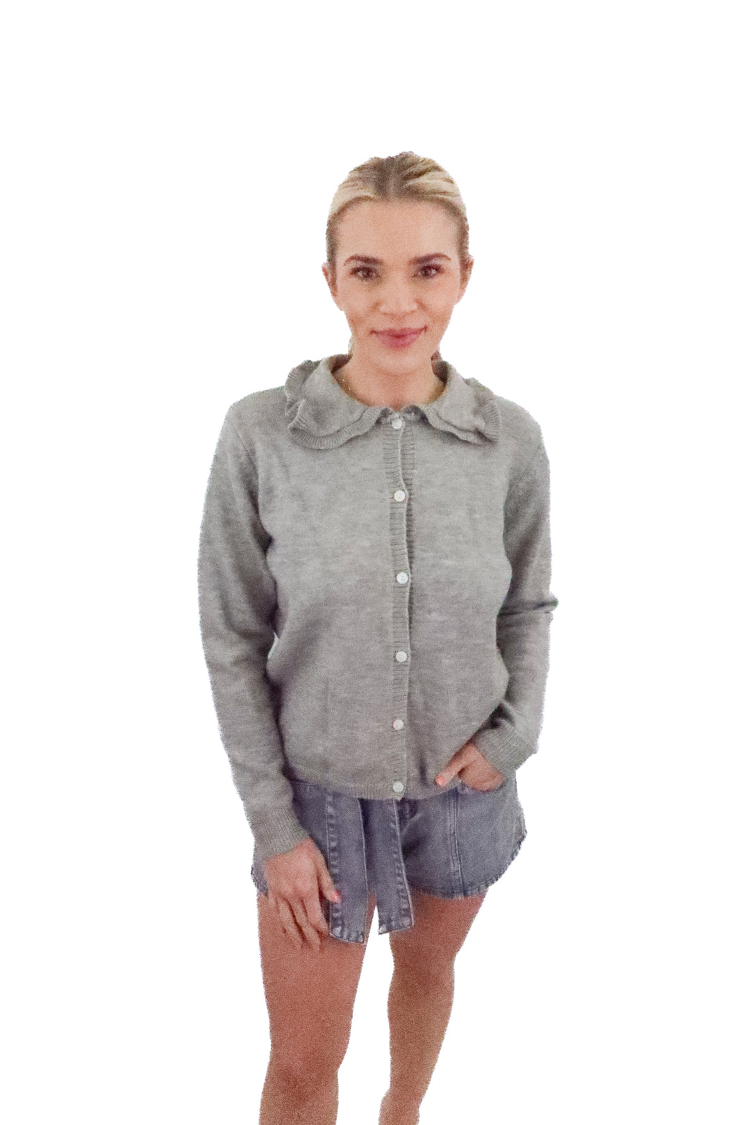 ziqoty grey ruffle cardigan NWT (xs)