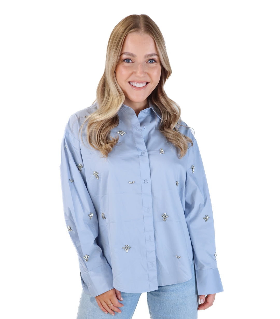 Express blue button up with rhinestone detailing (xs)