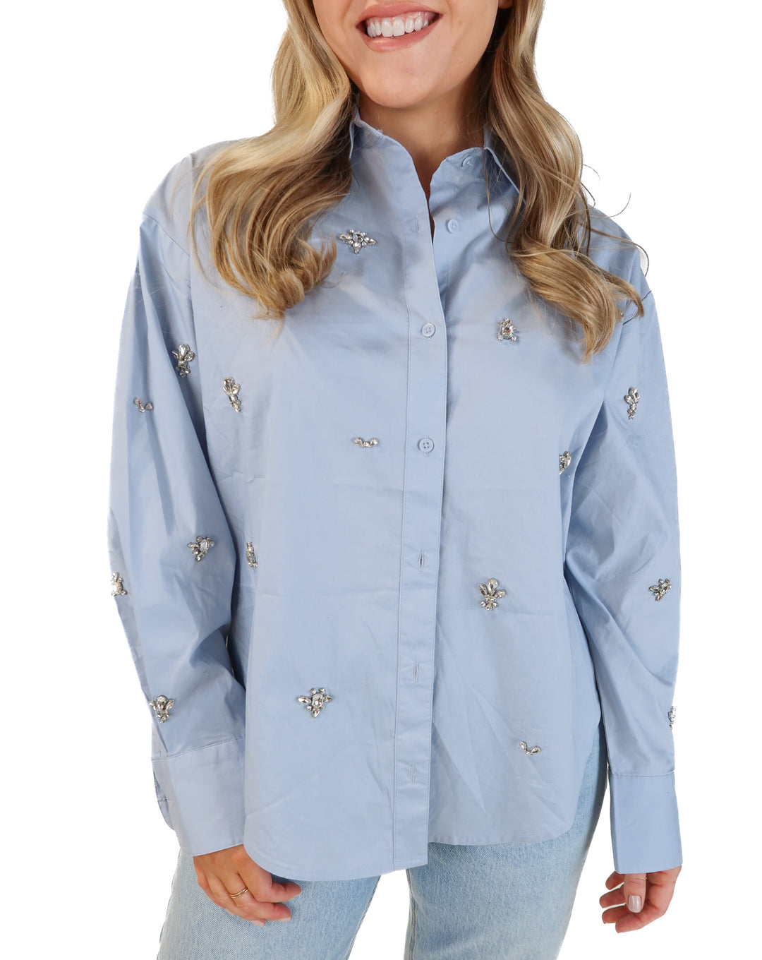 Express blue button up with rhinestone detailing (xs)