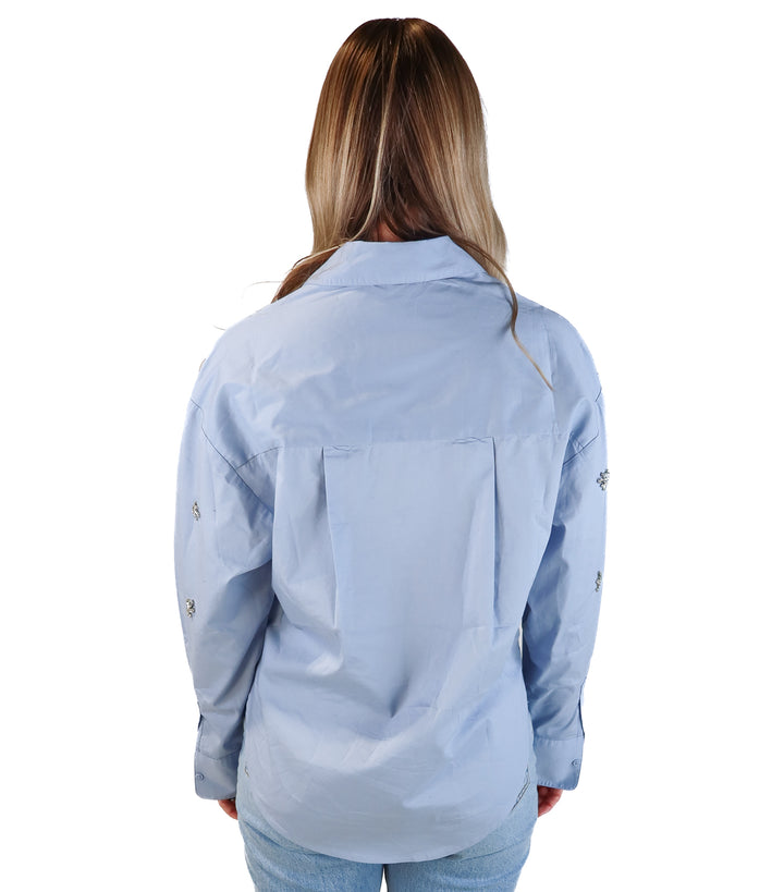 Express blue button up with rhinestone detailing (xs)