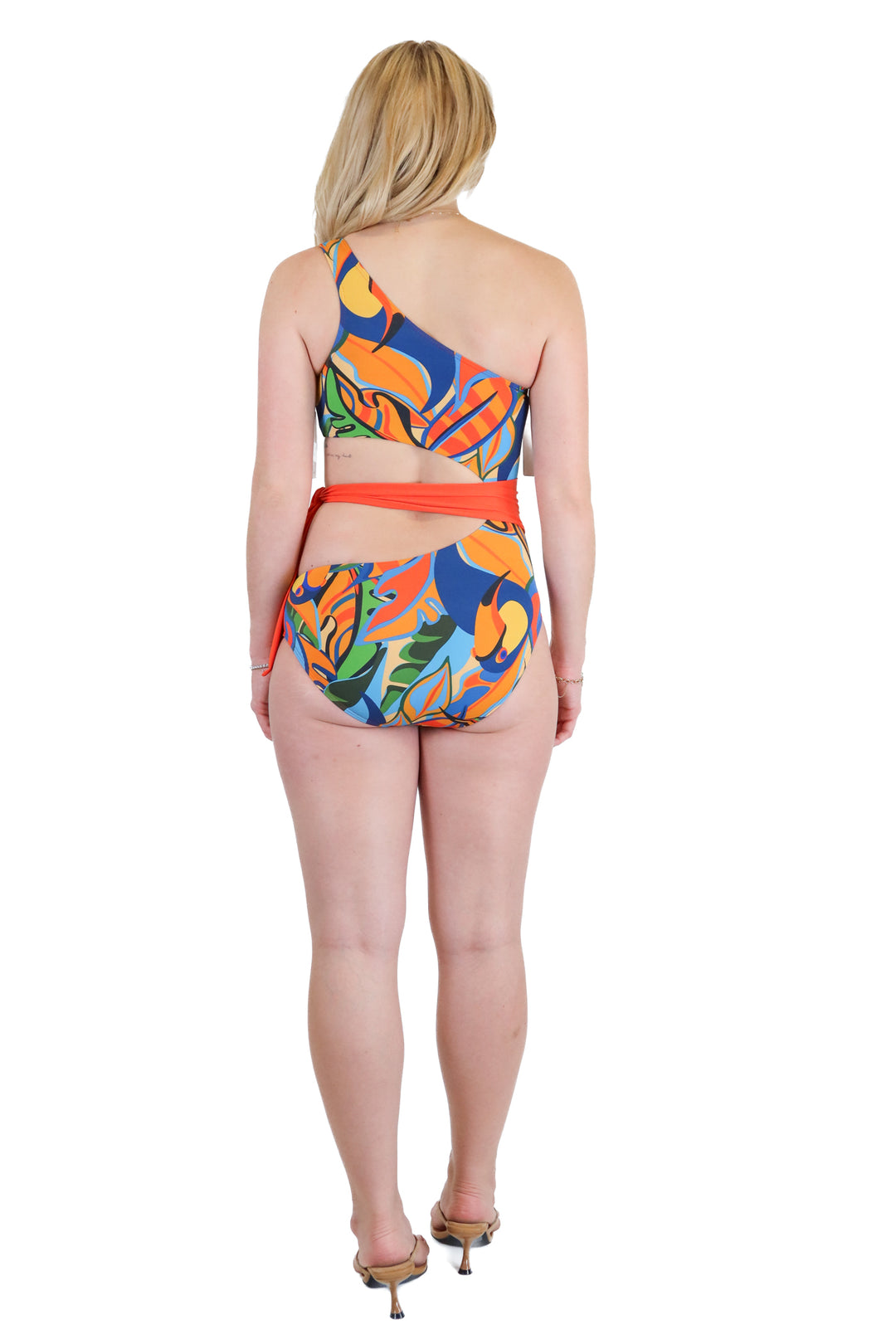 Palms Away Tropical Floral One Shoulder One Piece Swimsuit (XS)