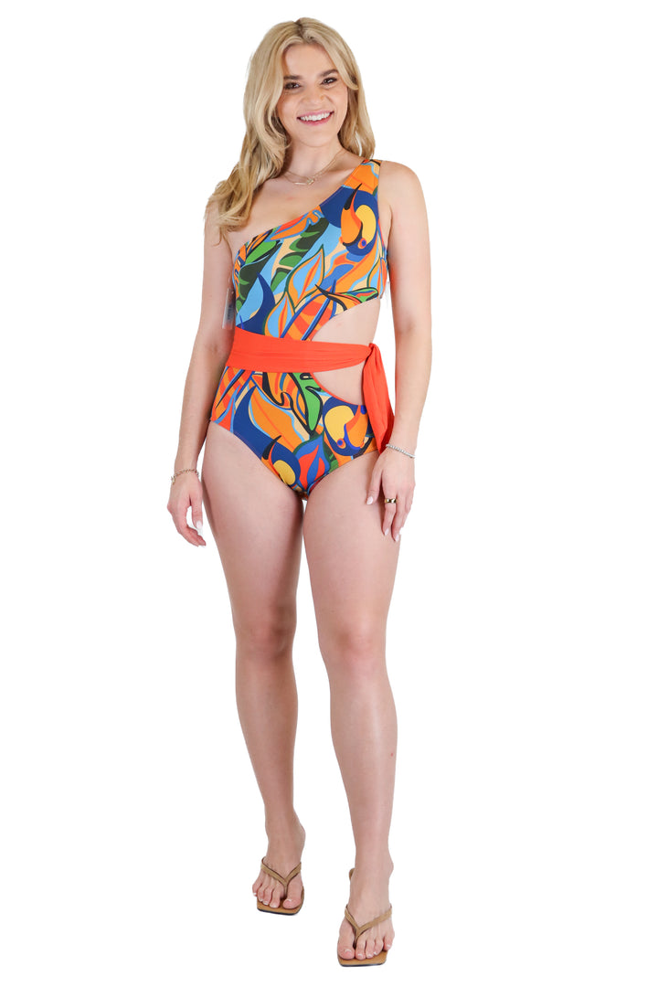 Palms Away Tropical Floral One Shoulder One Piece Swimsuit (XS)