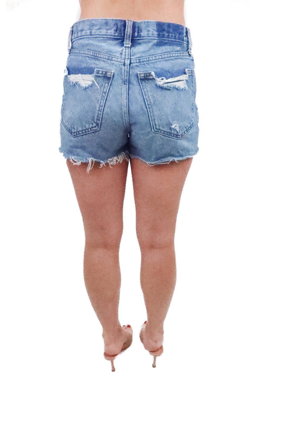 abercrombie & fitch medium wash distressed denim shorts (26; retail $60)