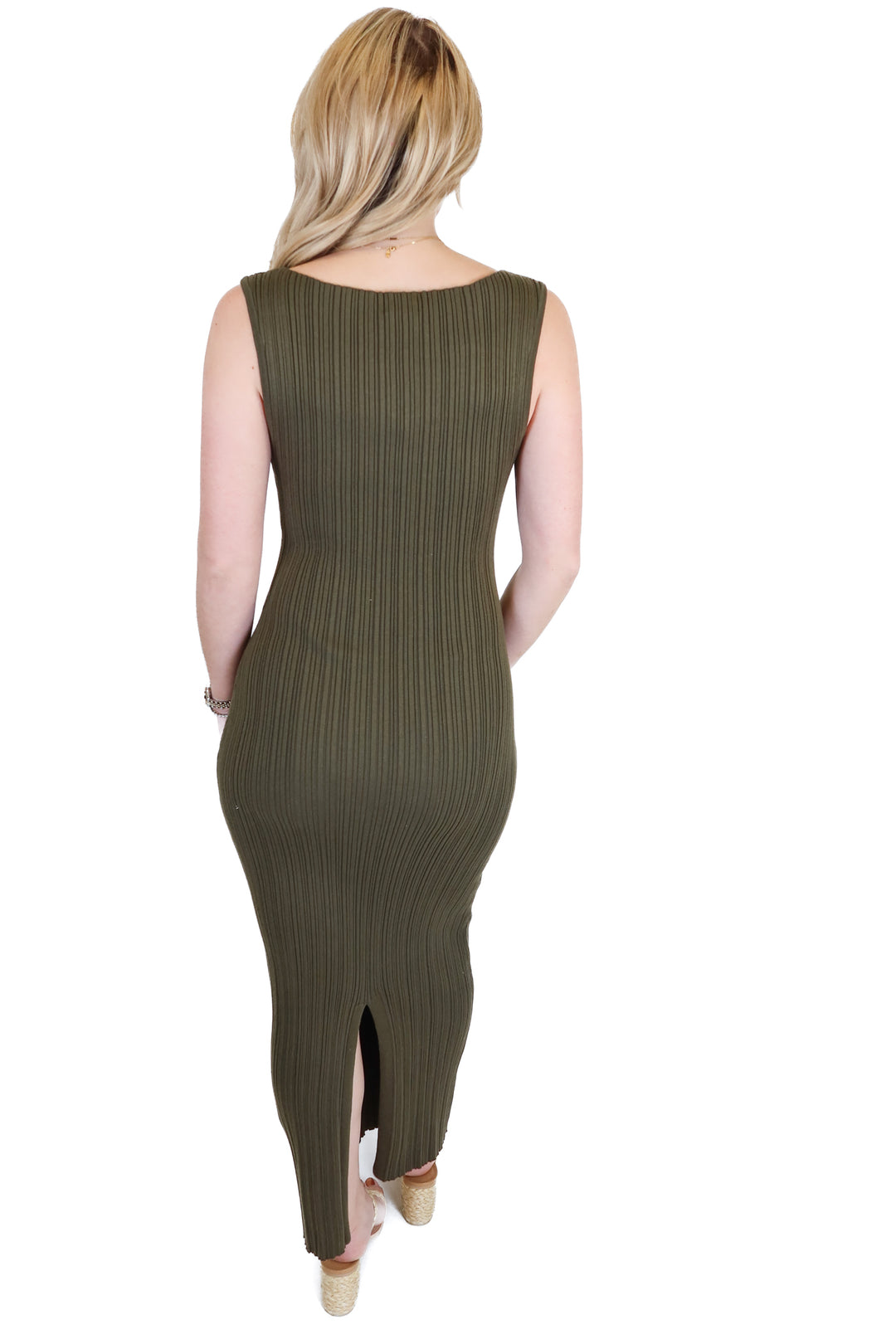 Quince Army Green Ribbed Maxi Dress (S)