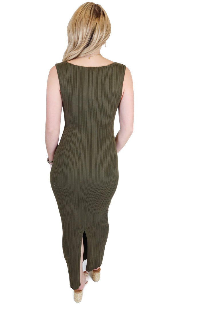 Quince Army Green Ribbed Maxi Dress (S)