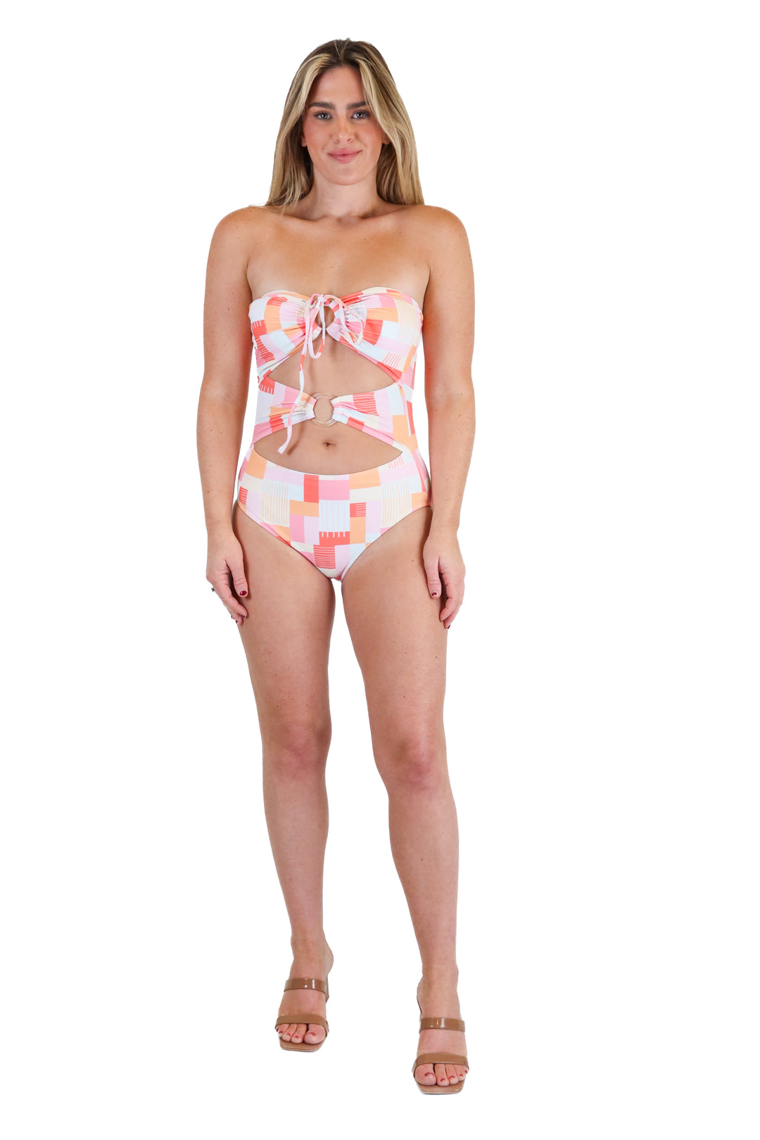 Pink Lily Peach & Baby Pink Checkered One-Piece Swimsuit NWOT (S)