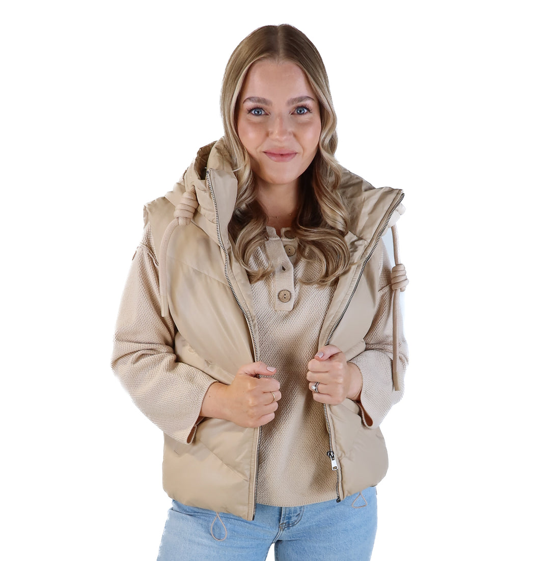 SOLD: Tcec tan puffer hooded vest (s)