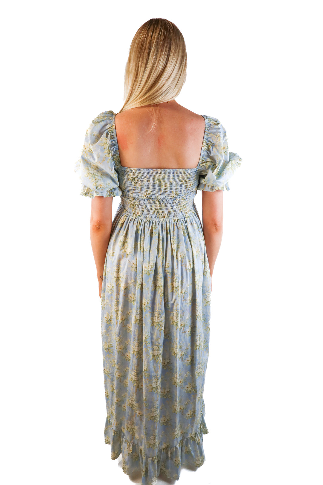 Nothing fits but blue puff sleeve floral maxi dress (s/m; retail $179)