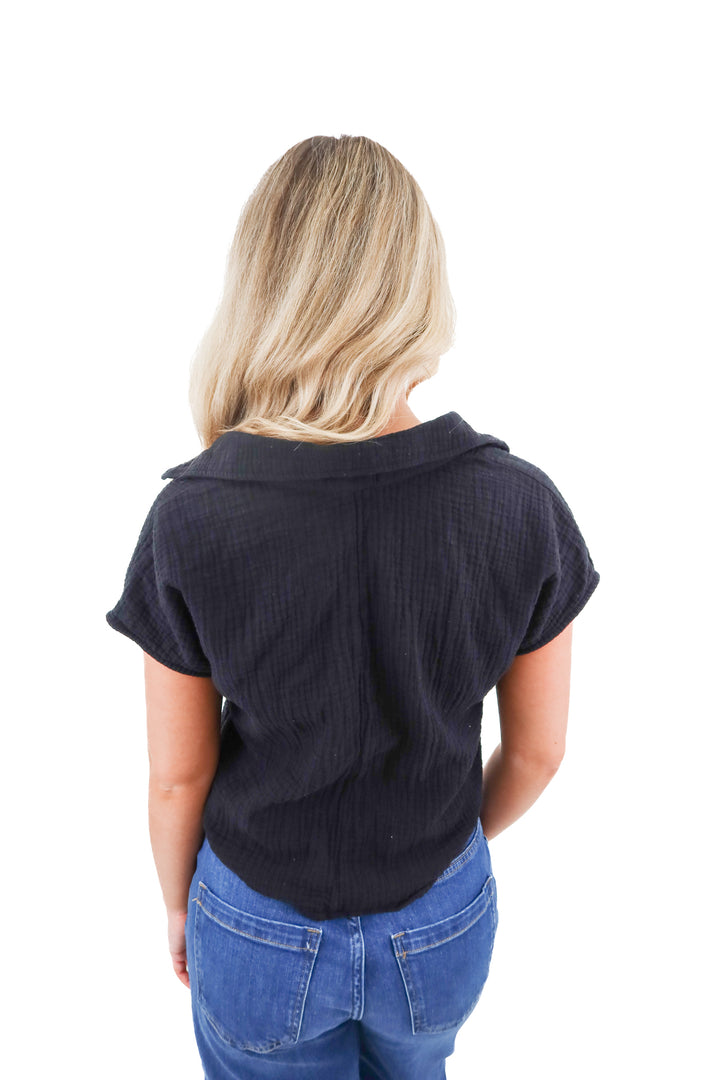 monrow black gauze top (m; retail $110)
