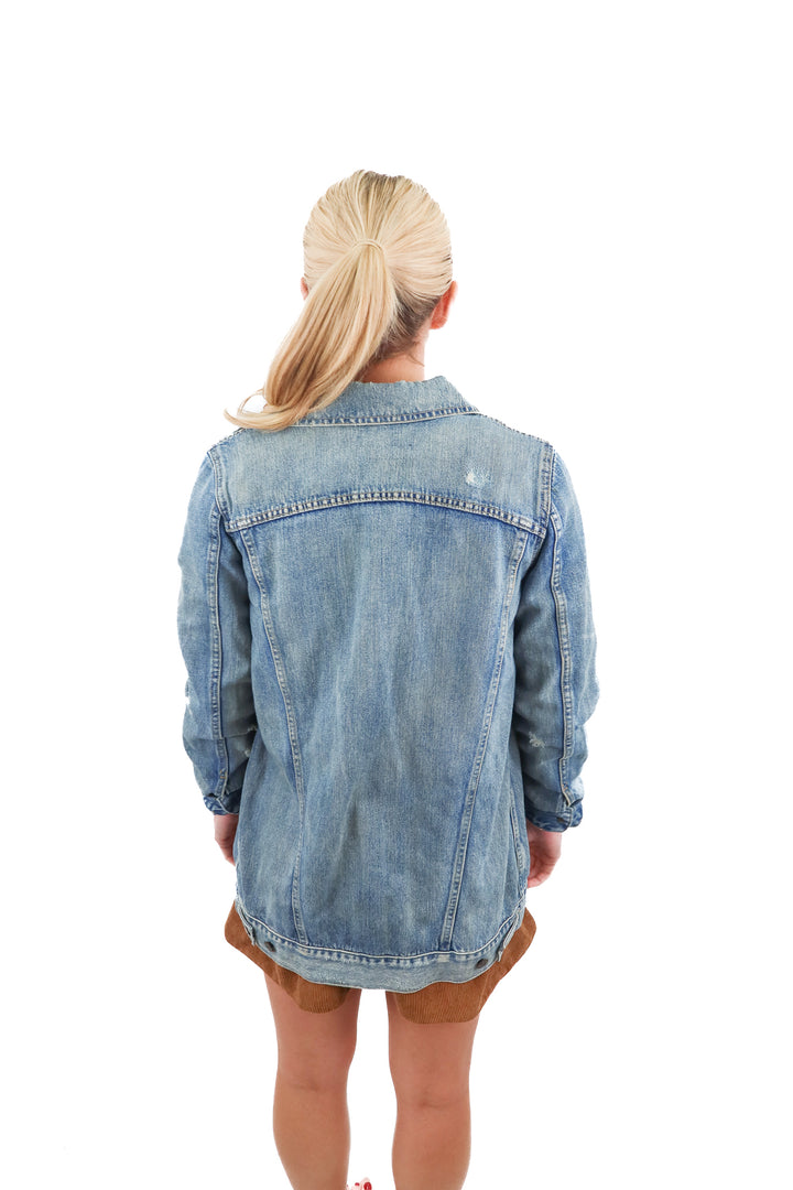able medium wash denim jacket (xs; retail $145)