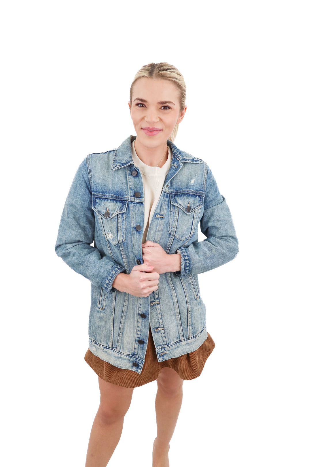able medium wash denim jacket (xs; retail $145)