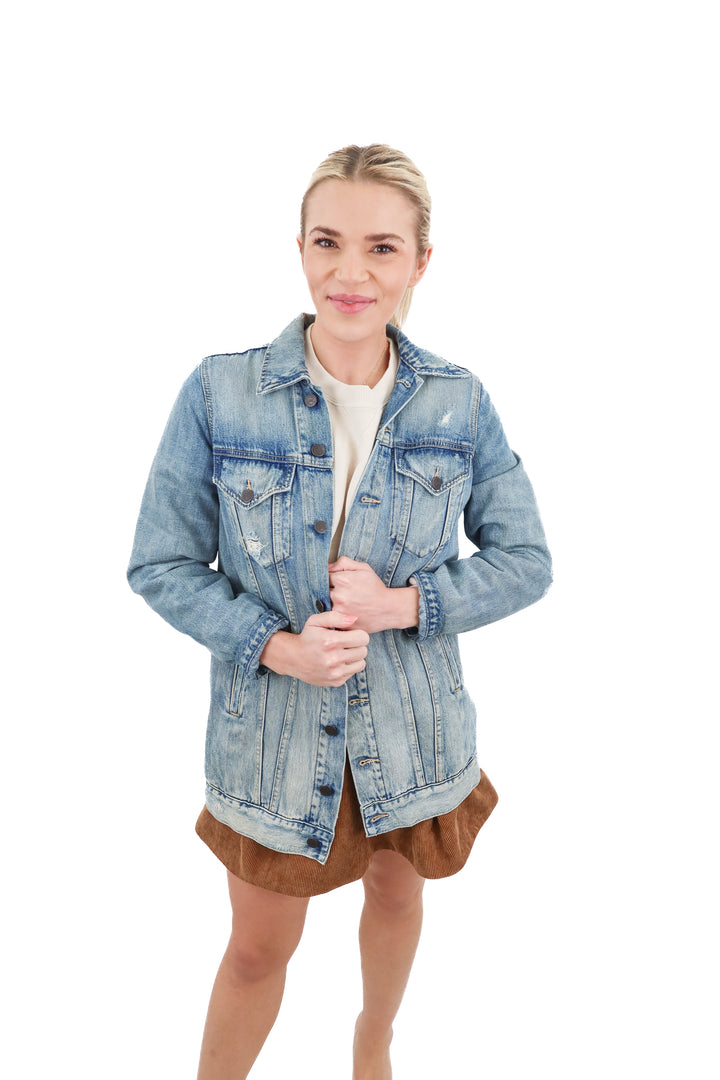 able medium wash denim jacket (xs; retail $145)