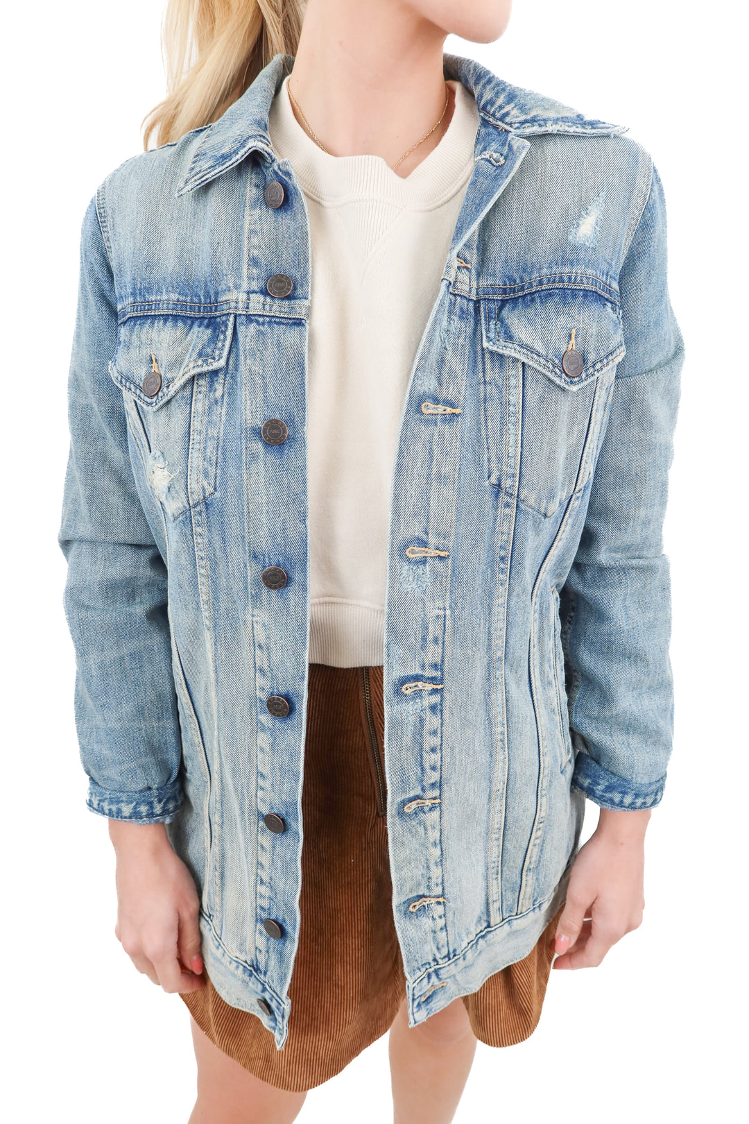 able medium wash denim jacket (xs; retail $145)