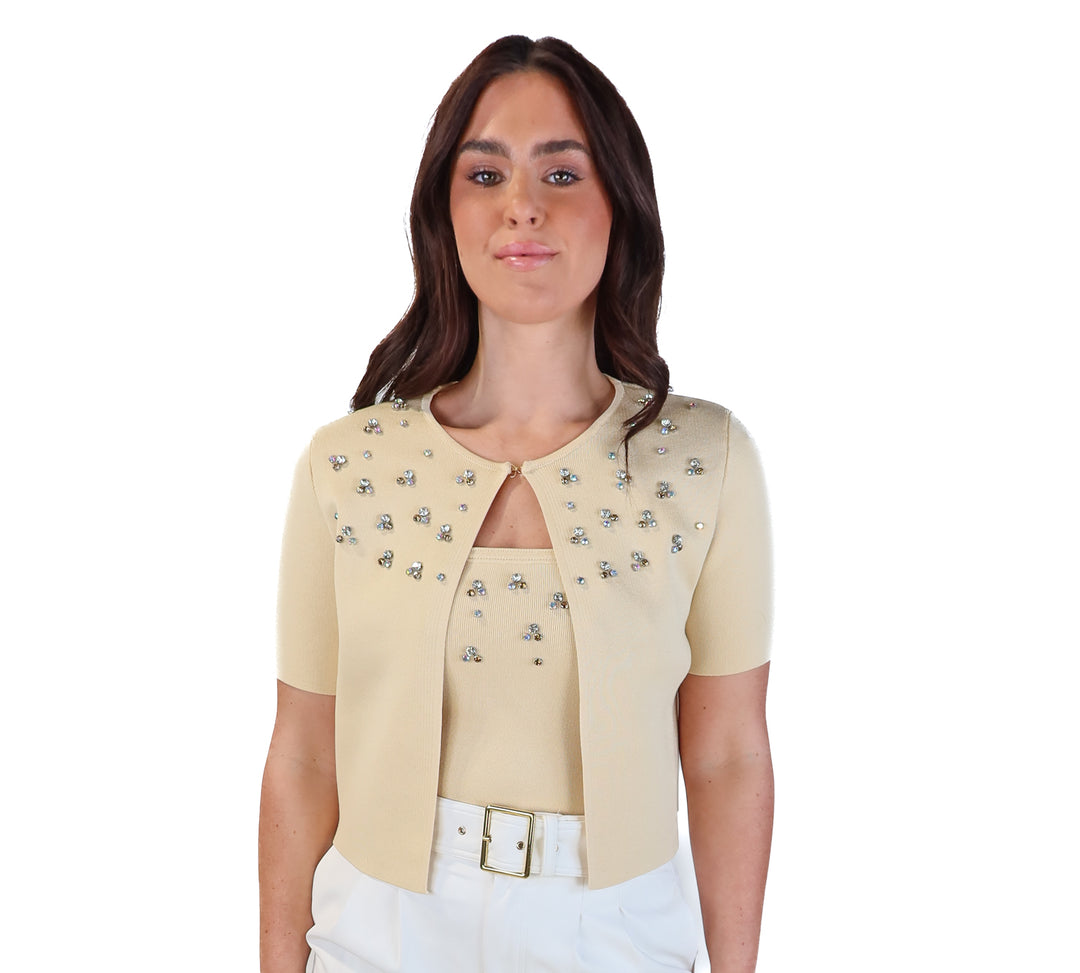 Zara tan thick knit rhinestone short sleeve cardigan NWT (m; retails for $49.90)