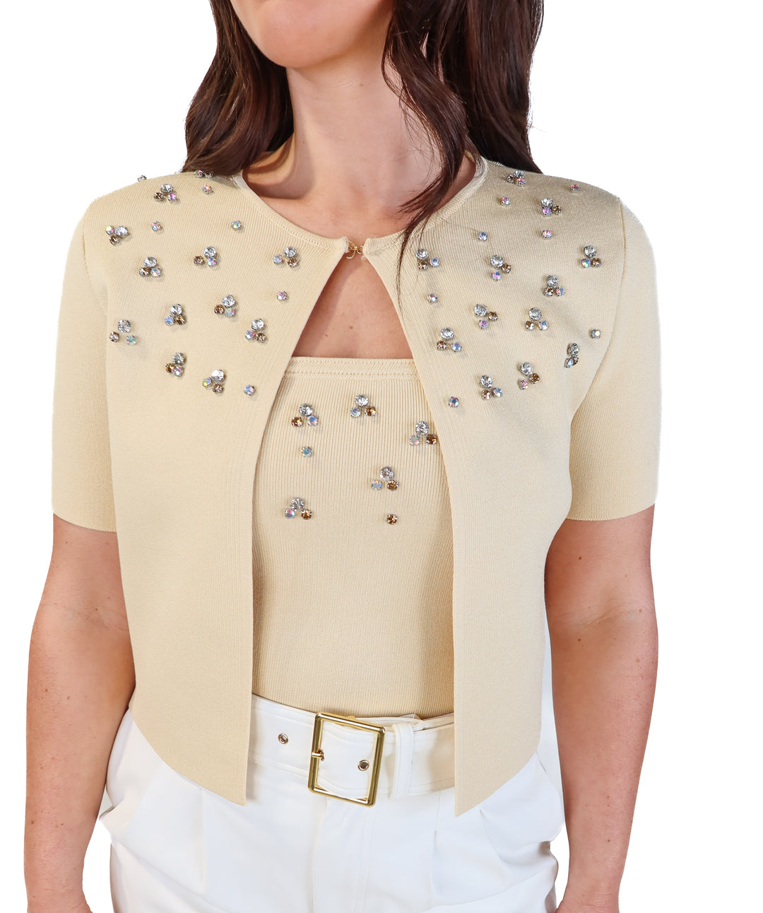 Zara tan thick knit rhinestone short sleeve cardigan NWT (m; retails for $49.90)