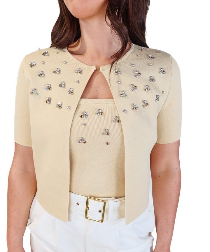 Zara tan thick knit rhinestone short sleeve cardigan NWT (m; retails for $49.90)