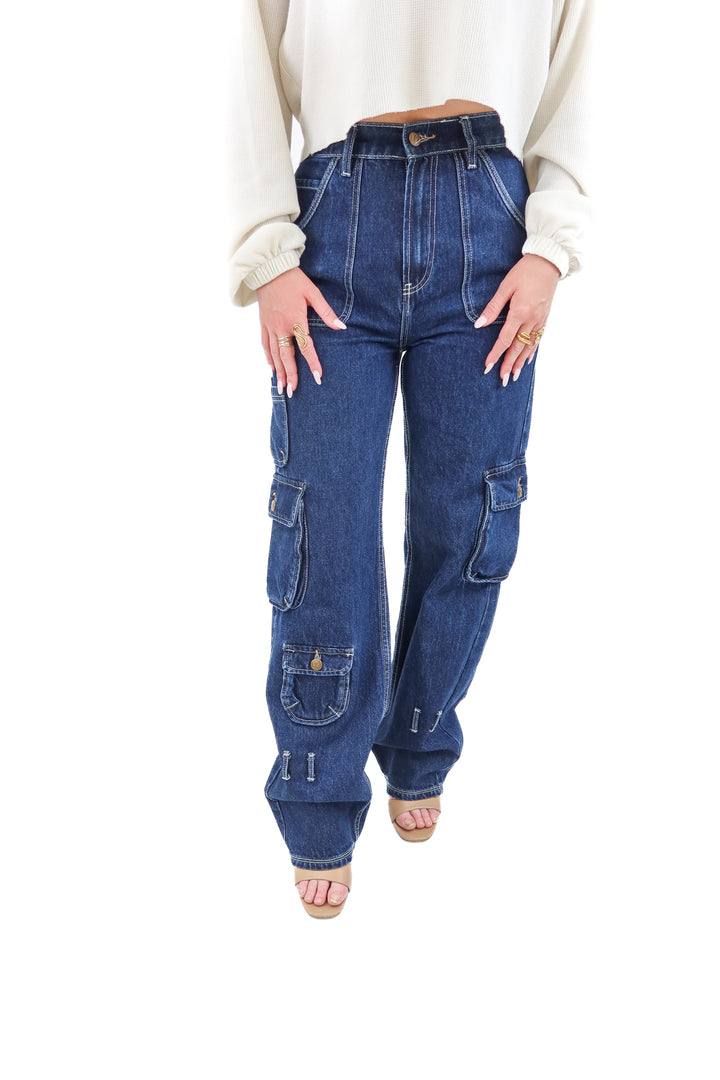 lpa dark wash cargo denim pants (25; retail $165)
