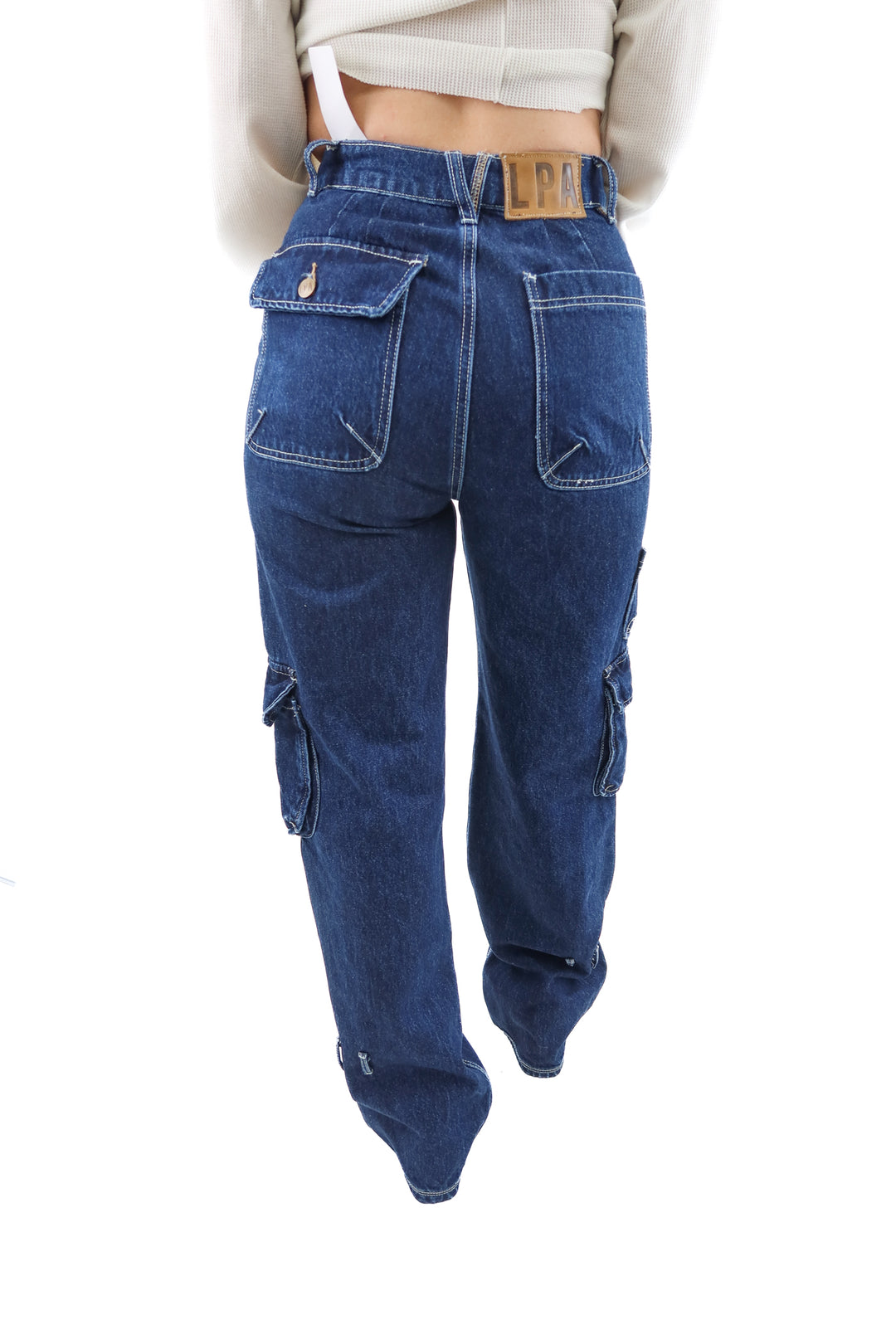 lpa dark wash cargo denim pants (25; retail $165)