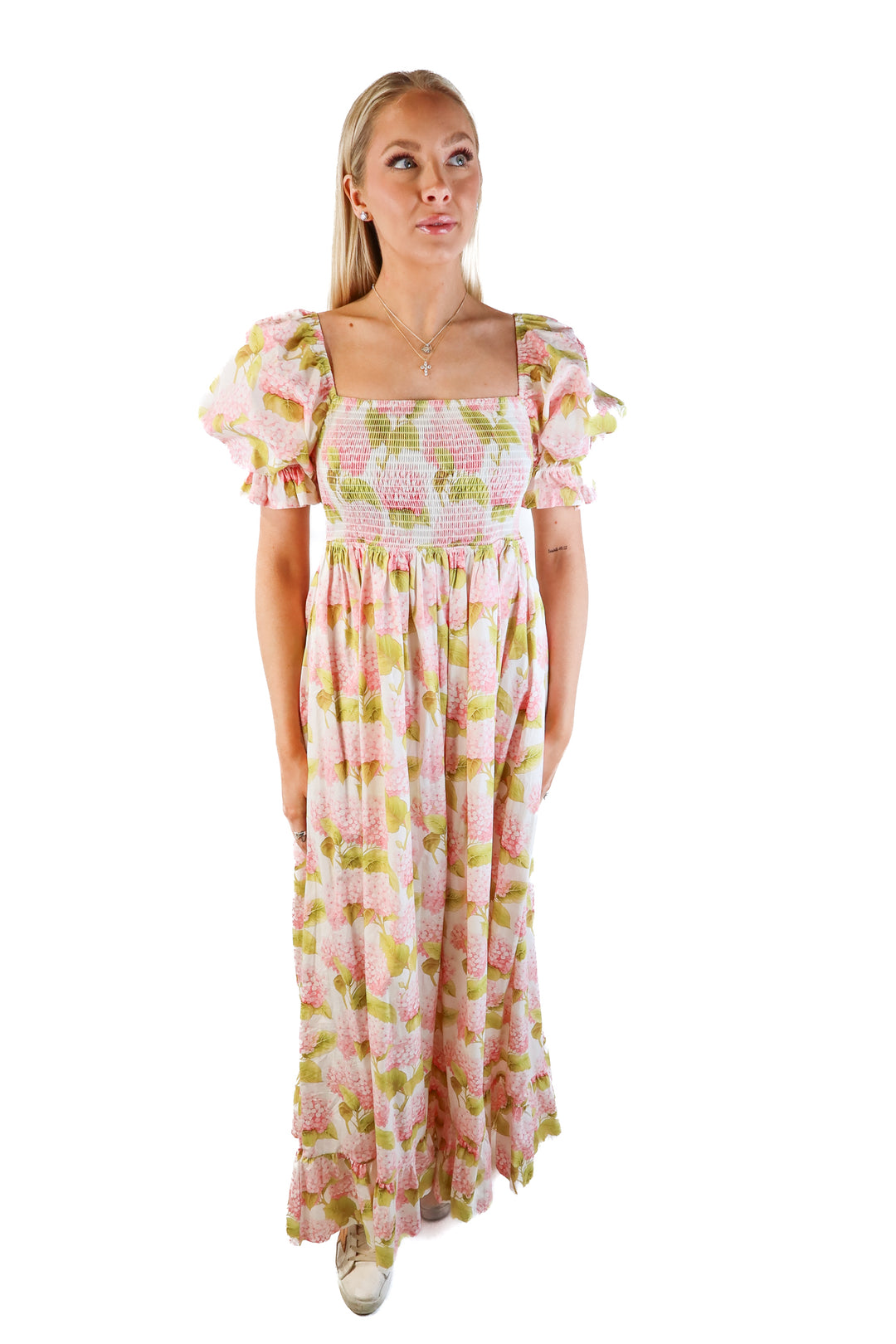 Nothing fits but pink floral puff sleeve maxi dress (s/m; retail $179)