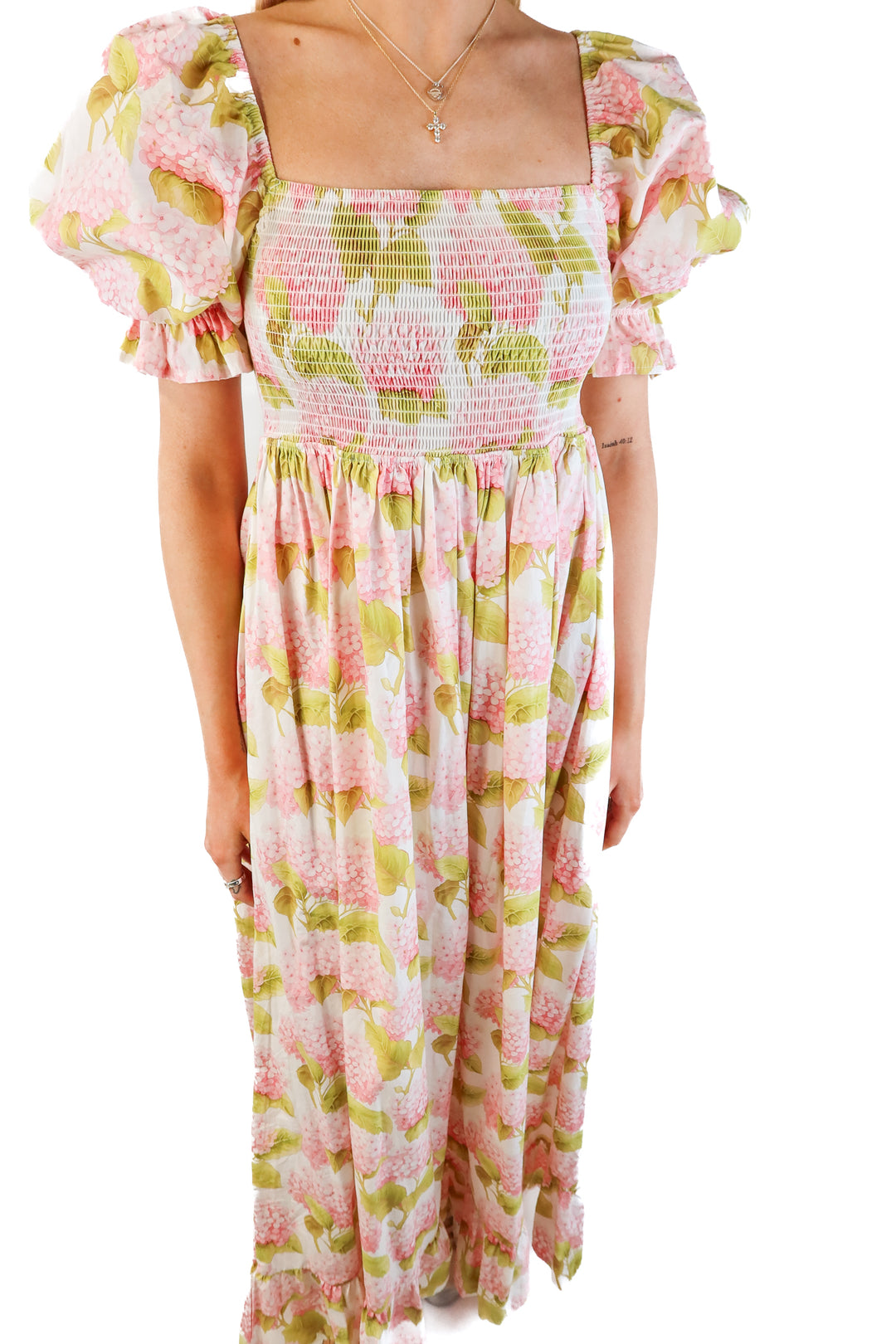 Nothing fits but pink floral puff sleeve maxi dress (s/m; retail $179)
