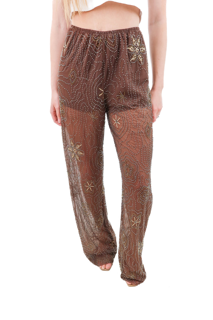 zara brown beaded sheer pants (m; retail $99)