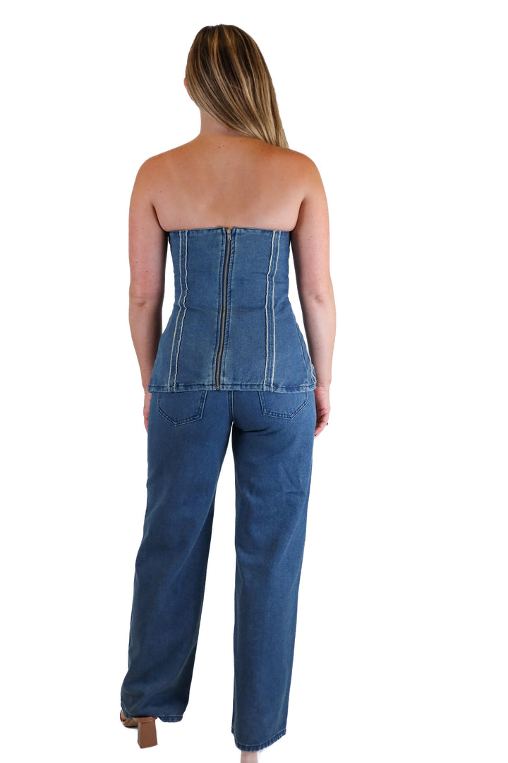 Pretty Little Thing Denim Stripe Detail Top and Straight Leg Jeans Set (2)