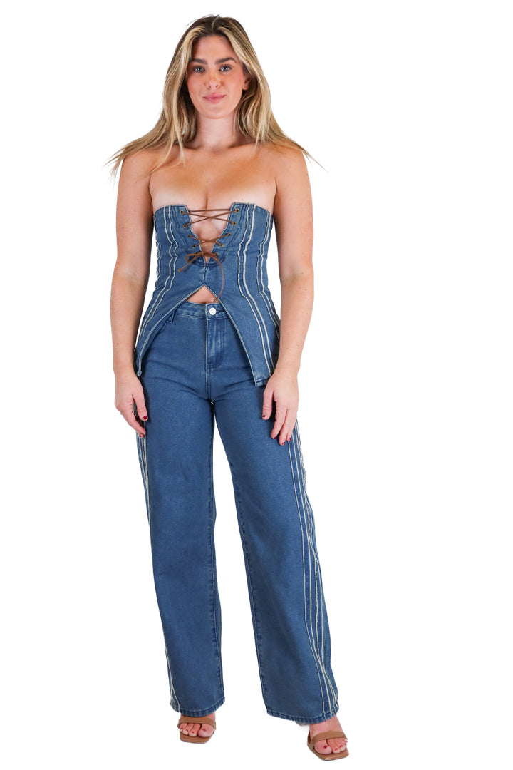 Pretty Little Thing Denim Stripe Detail Top and Straight Leg Jeans Set (2)