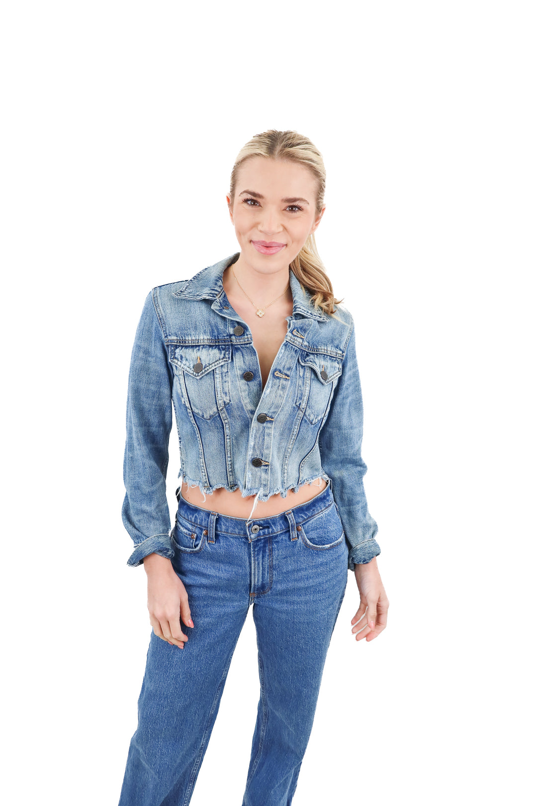 able medium wash raw hem denim jacket (xs; retail $150)