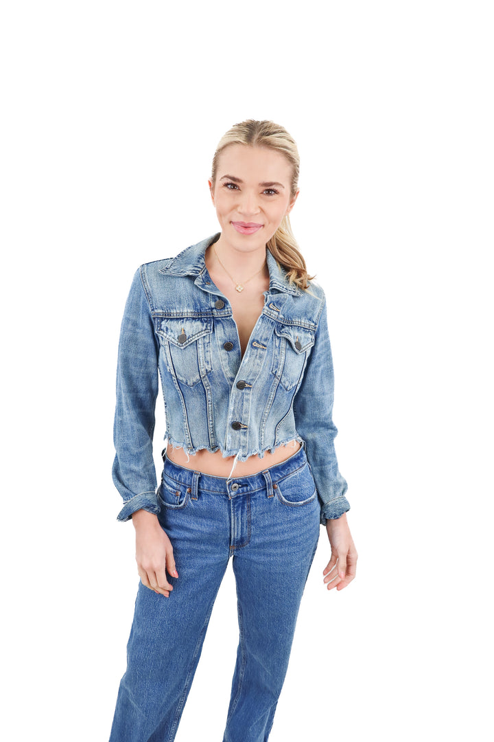 able medium wash raw hem denim jacket (xs; retail $150)
