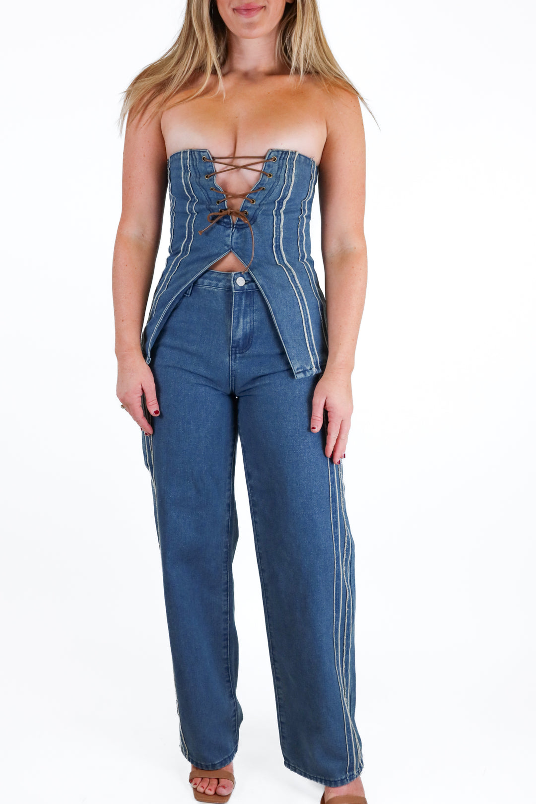 Pretty Little Thing Denim Stripe Detail Top and Straight Leg Jeans Set (2)