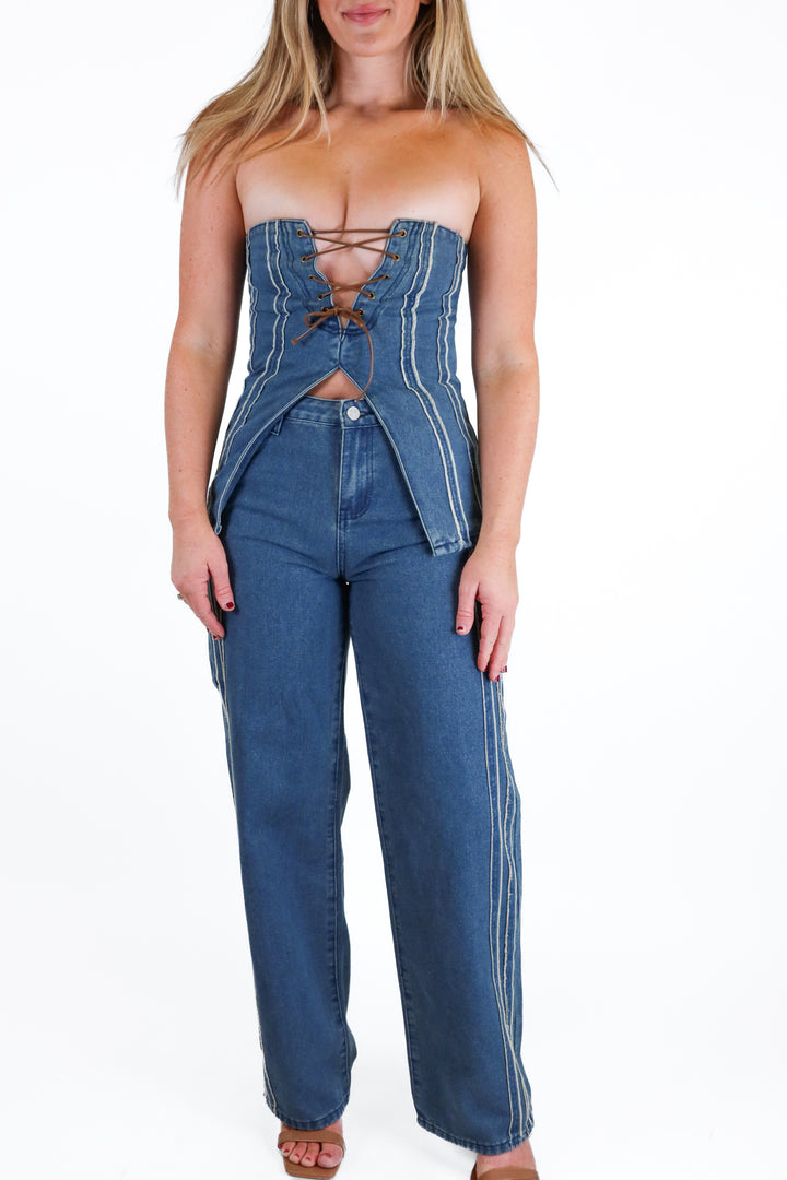 Pretty Little Thing Denim Stripe Detail Top and Straight Leg Jeans Set (2)