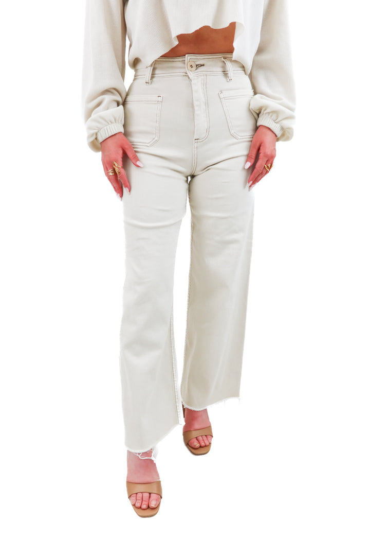 miou muse cream wide leg raw hem denim pants (s; retail $75)