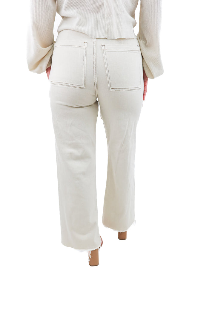 miou muse cream wide leg raw hem denim pants (s; retail $75)