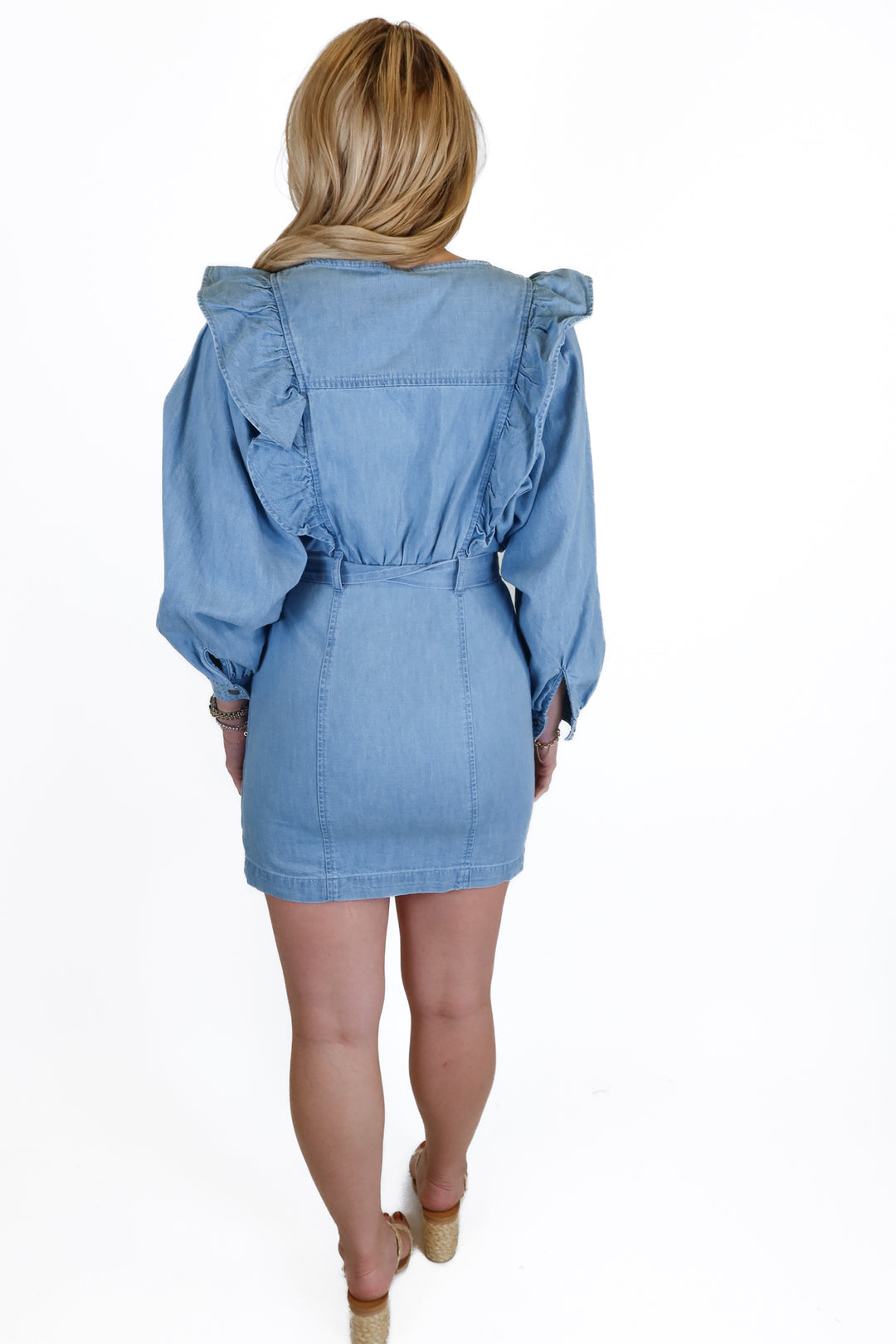 Free People denim long sleeve mini dress (XS; $148)