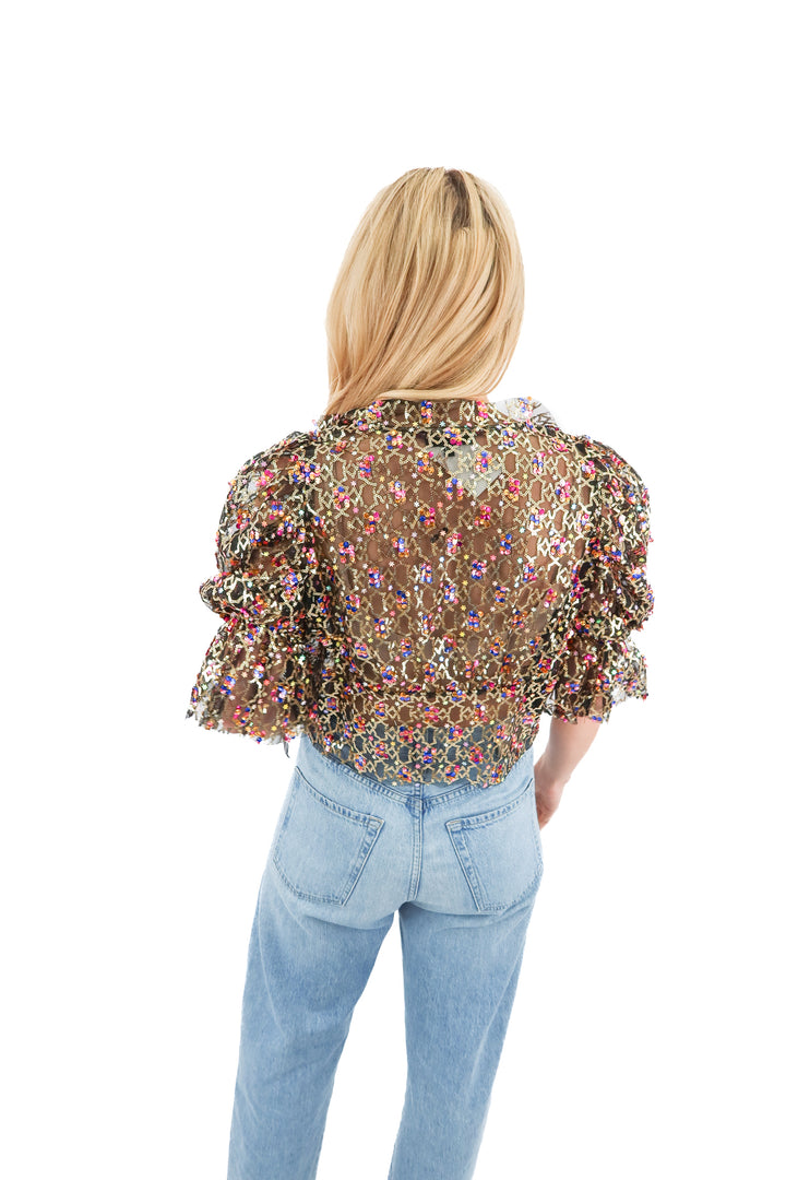 sister jane black multi sequin mesh top (S; retail $115)