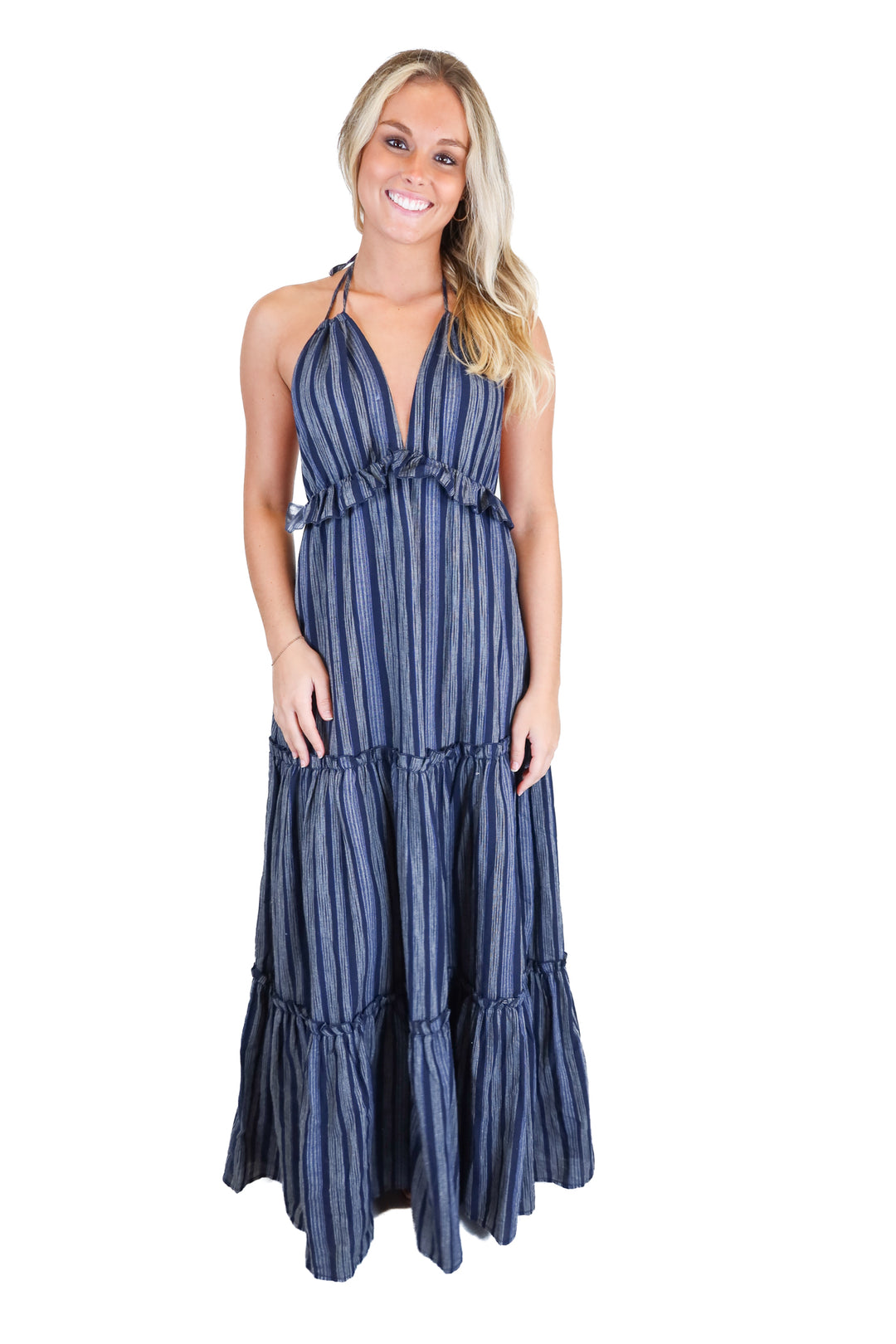 Lulus navy/gray striped midi dress (XS)