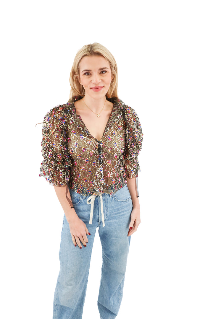 sister jane black multi sequin mesh top (S; retail $115)